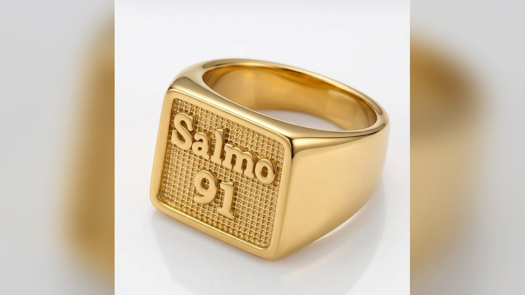 Anel dedante dourado com Salmo 91 em aço inox