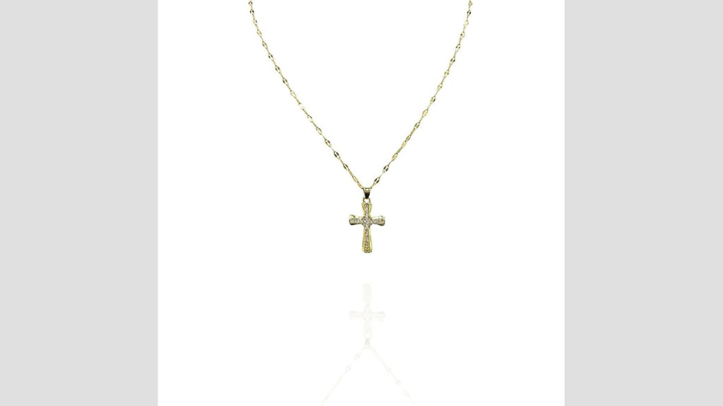 Colar com pingente de cruz cravejado em aço inox dourado