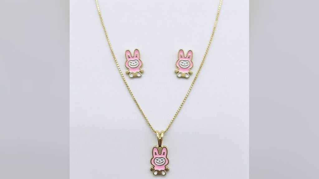 Kit infantil Labubu rosa folheado a ouro 18k