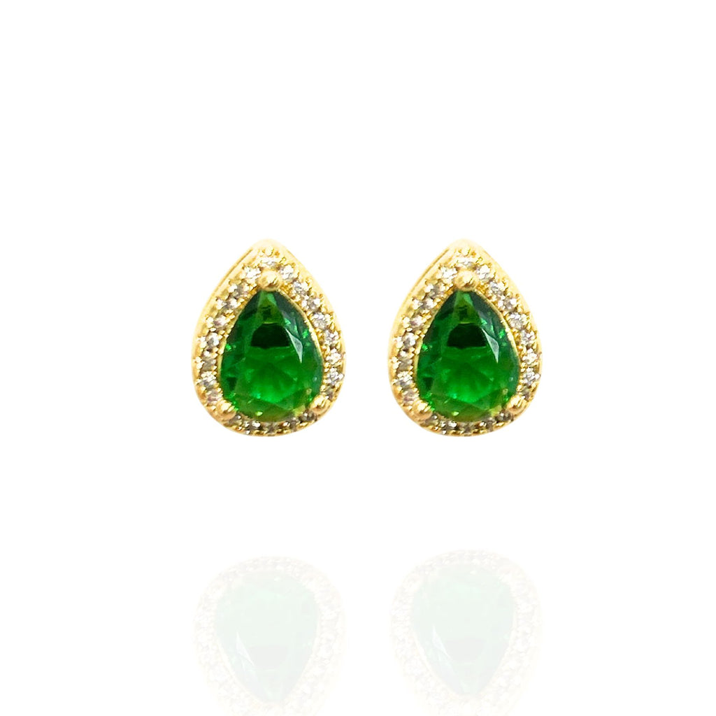 Brinco Gota Esmeralda Cravejado Folheado Ouro 18k