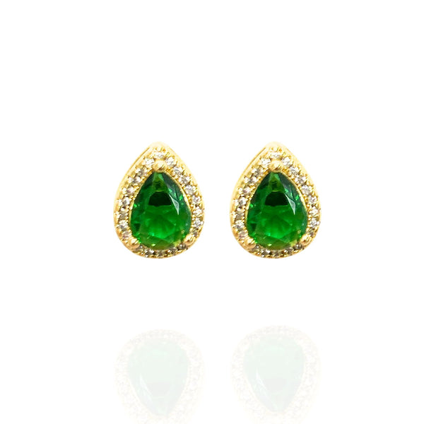 Brinco Gota Verde Esmeralda Cravejado Dourado - Semijoia