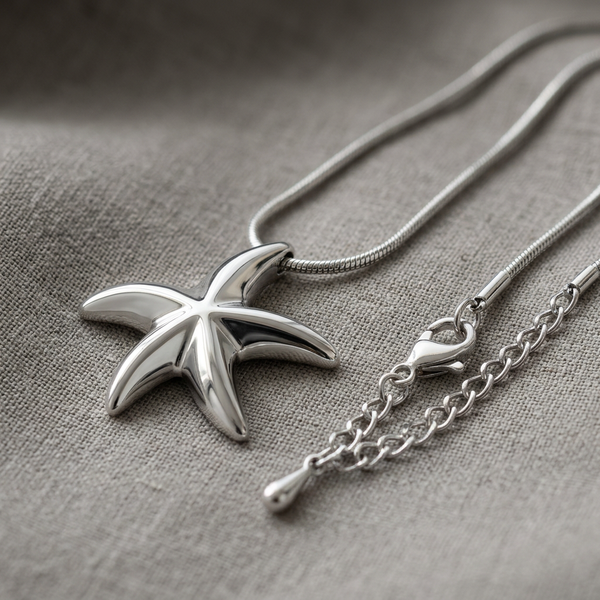 Colar de aço inox prata com pingente de estrela do mar, exibido em um busto de joias na cor bege.