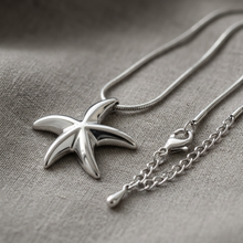 Colar de aço inox prata com pingente de estrela do mar, exibido em um busto de joias na cor bege.