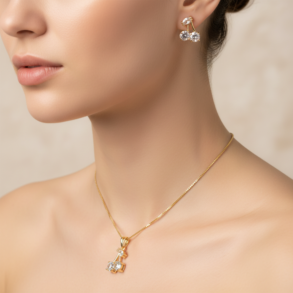 Conjunto colar e brinco pingente Cereja Dourado semijoia