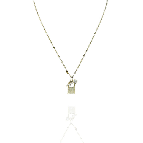 Colar Cadeado e Chave Dourado Aço Inox Cravejado