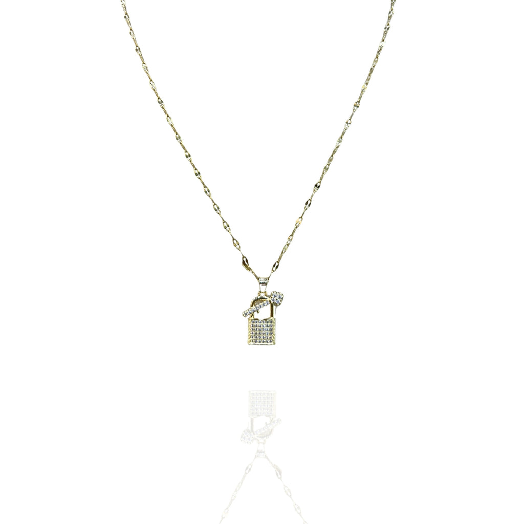 Colar Cadeado e Chave Dourado Aço Inox Cravejado