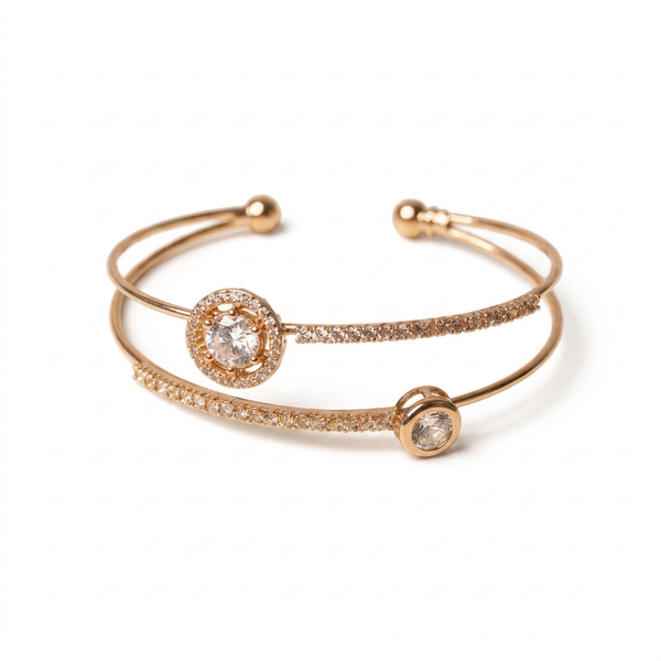 Bracelete dourado aro duplo com zircônias em caixa de apresentação.