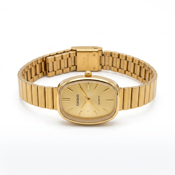 Relógio Vintage Oval Dourado Aço Inoxidável com mostrador dourado e pulseira ajustável.