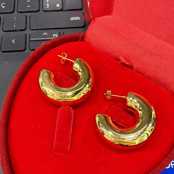 Brinco Argola Tubo Dourado Aço Inoxidável em estojo vermelho