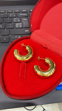 Brinco Argola Tubo Dourado Aço Inoxidável em estojo vermelho
