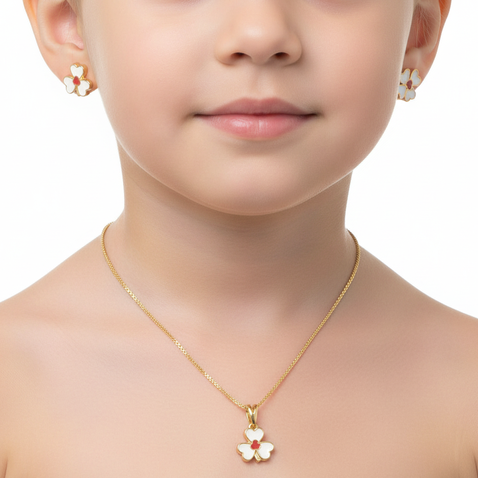 Conjunto colar e brinco Infantil Flor Dourado semijoia