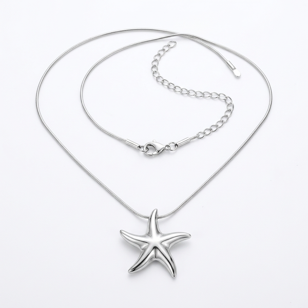 Colar de aço inox prata com pingente de estrela do mar, exibido em um busto de joias na cor bege.