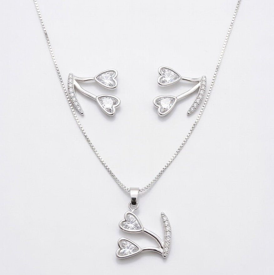 Conjunto Pingente dois corações cristal prata - Semijoia