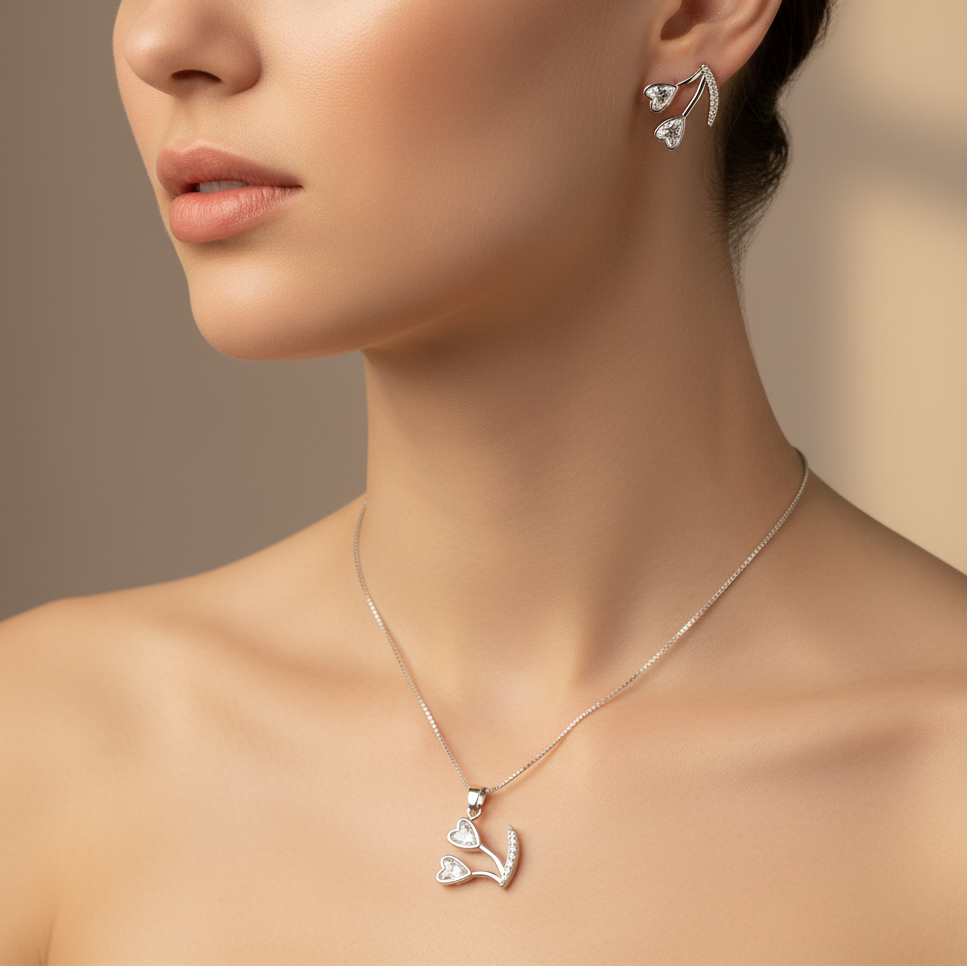 Conjunto Pingente dois corações cristal prata - Semijoia