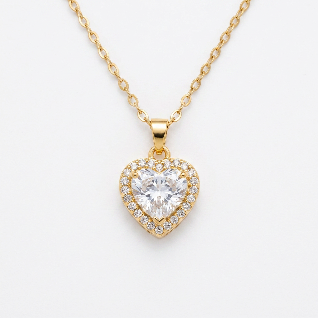 Colar dourado com pingente de coração e zircônia