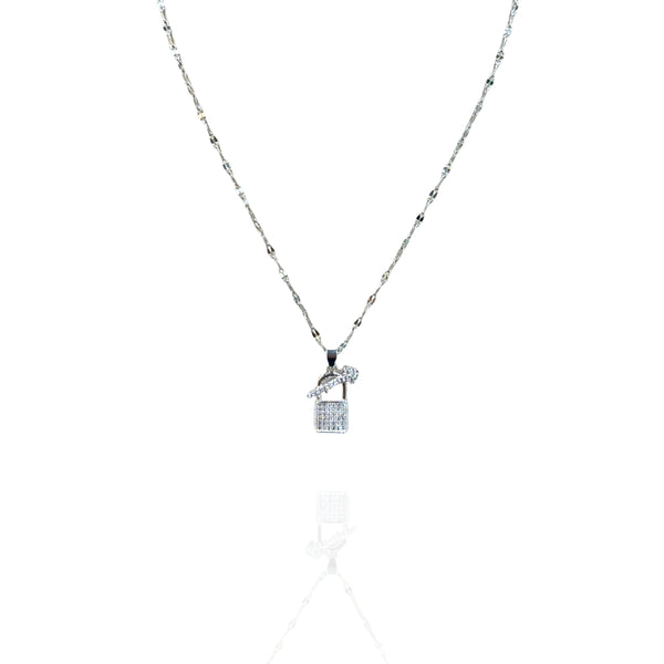 Colar Cadeado e Chave Prata Aço Inox Cravejado