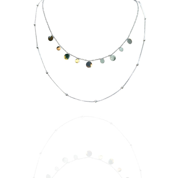 Mix colar duplo círculos e bolinhas prata - aço inoxidável