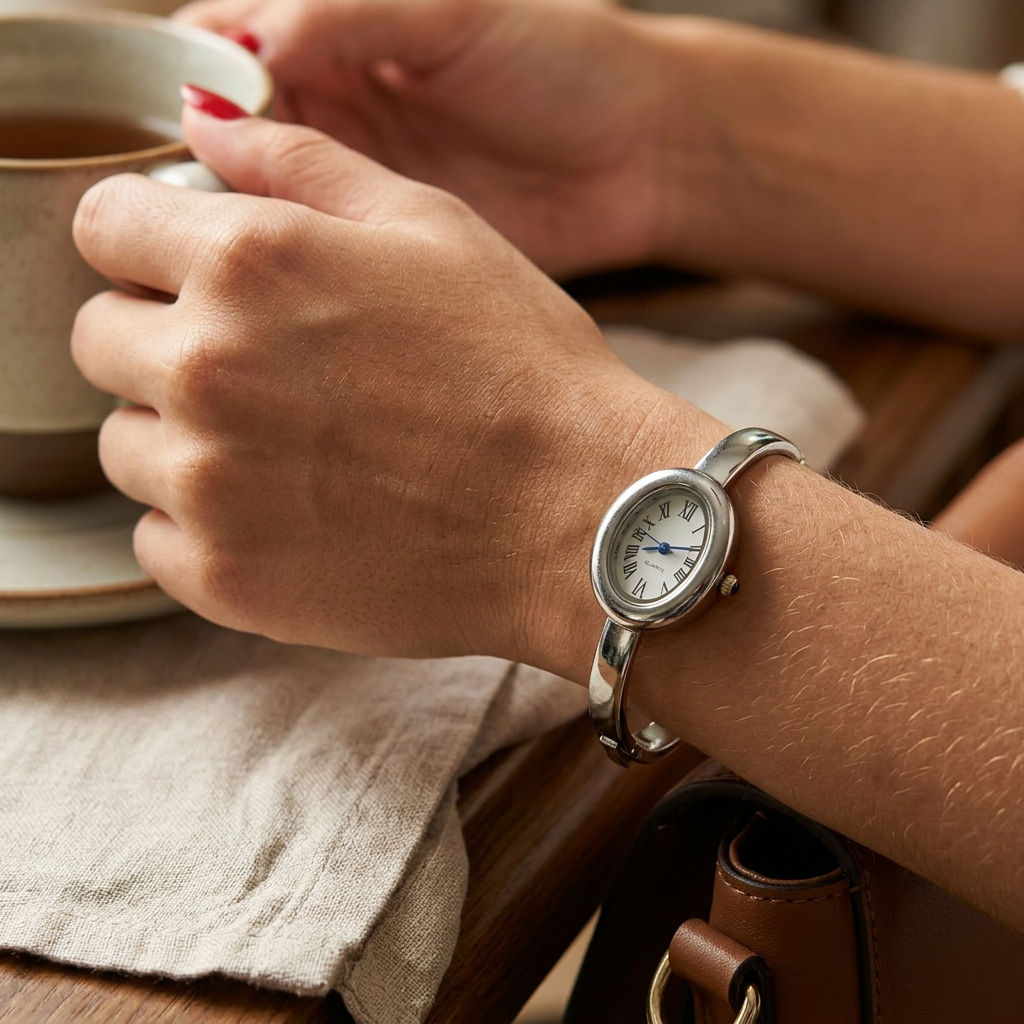 Relógio bracelete oval prata em aço inox com mostrador analógico e algarismos romanos.