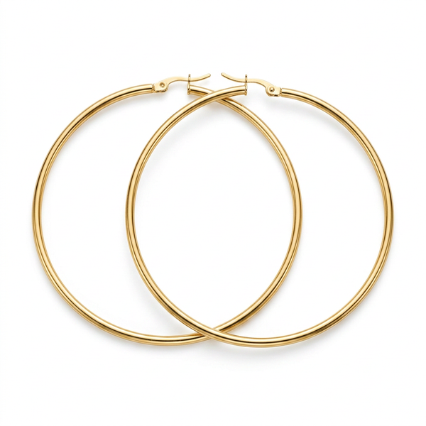 Argola G dourada em aço inoxidável em estojo vermelho.