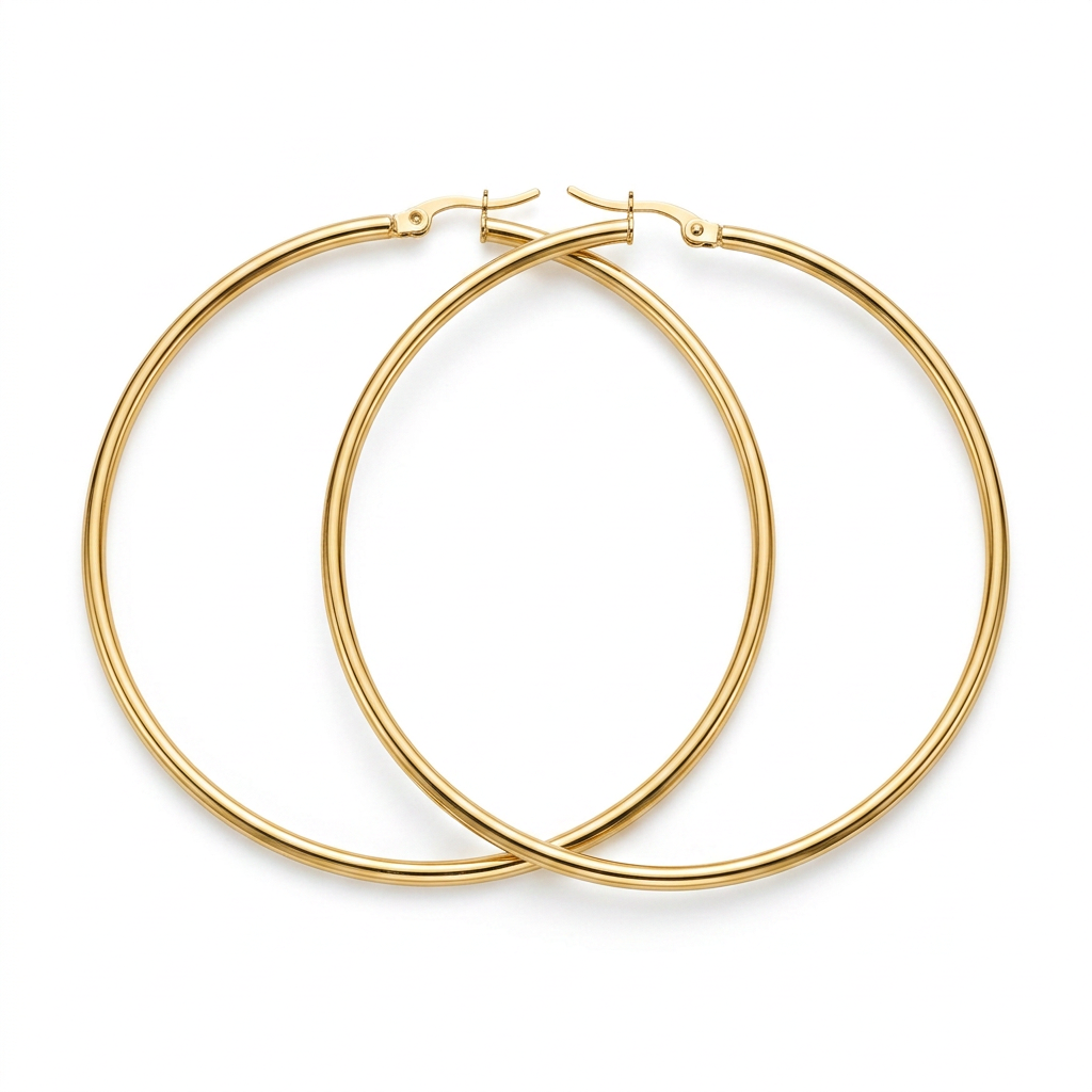 Argola G dourada em aço inoxidável em estojo vermelho.
