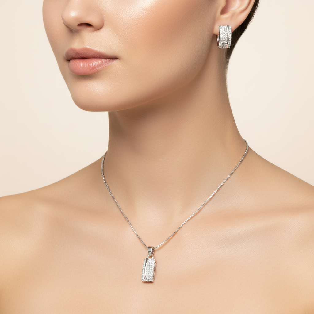 Conjunto Pingente orgânico cravejado prata - Semijoia