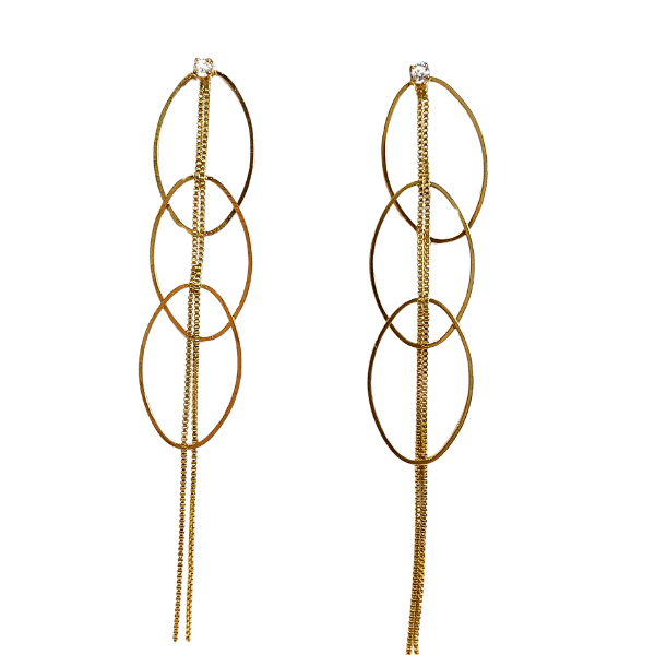 Brinco Oval com Fio Dourado Longo Folheado