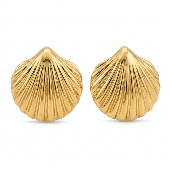 Brinco Concha Dourado em Aço Inoxidável em estojo vermelho.