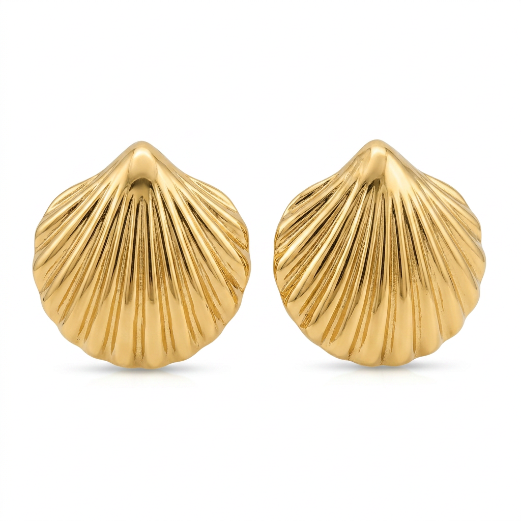 Brinco Concha Dourado em Aço Inoxidável em estojo vermelho.