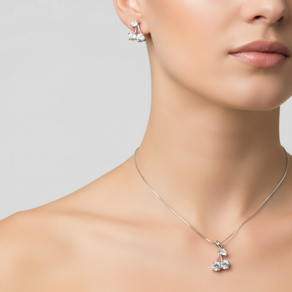 Conjunto Pingente cereja ponto de luz prata - Semijoia