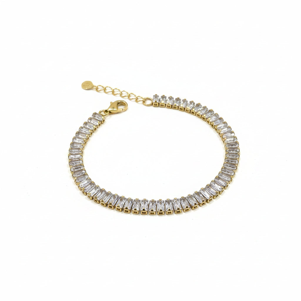 Pulseira Riviera baguete dourada com extensor aço inoxidável