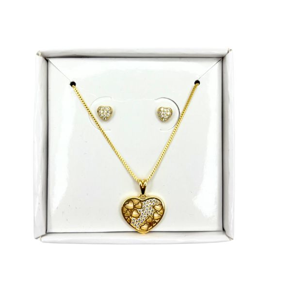 Conjunto Coração cravejado Brinco + Colar