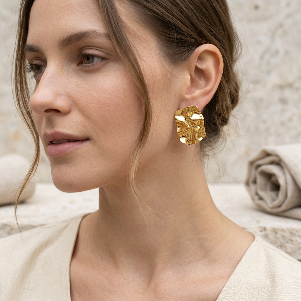Brinco Chapa Martelada Dourado Aço Inoxidável em estojo vermelho.