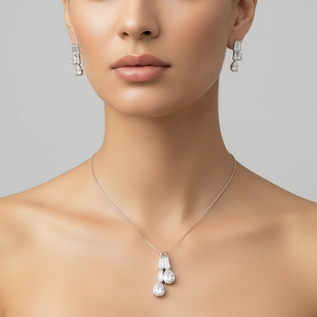 Conjunto Pingente dual gota cristal prata - Semijoia