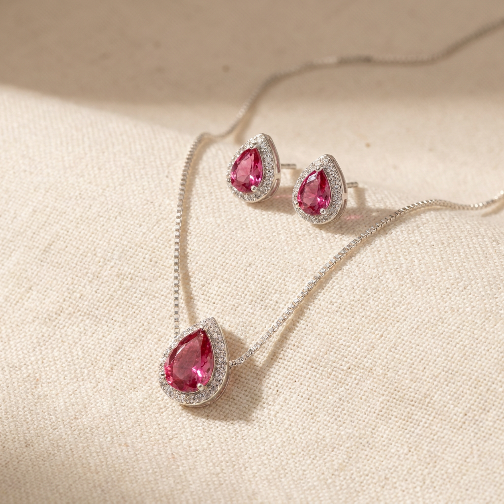 Conjunto de colar e par de brincos prateados com pedra rosa em formato de gota, contornada por pequenas pedras brancas, sobre um mostruário de joias bege.