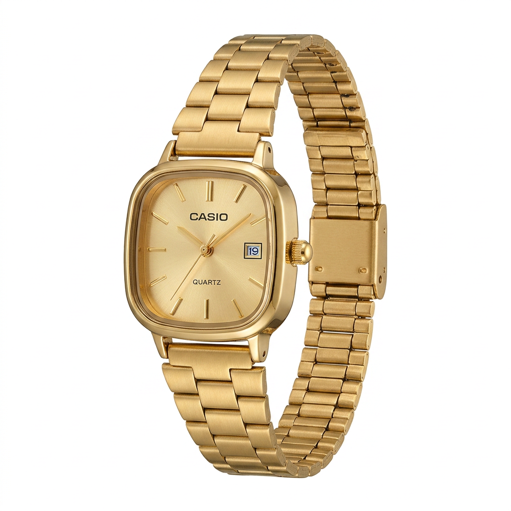 Relógio quadrado dourado com pulseira de aço inoxidável.