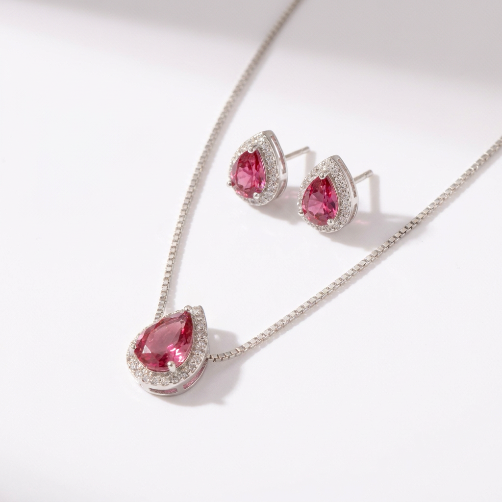 Conjunto de colar e par de brincos prateados com pedra rosa em formato de gota, contornada por pequenas pedras brancas, sobre um mostruário de joias bege.