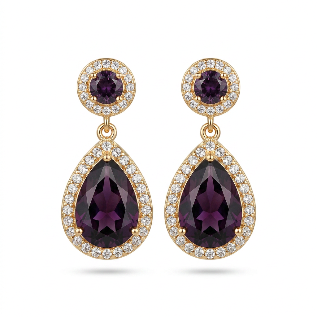 Brinco gota violeta dourado com cristais em fundo espelhado.