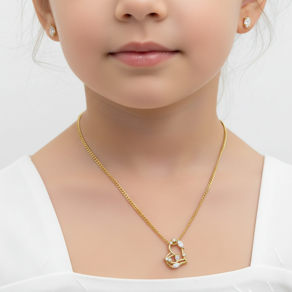 Conjunto colar e brinco Infantil Coração Vazado dourado semijoia