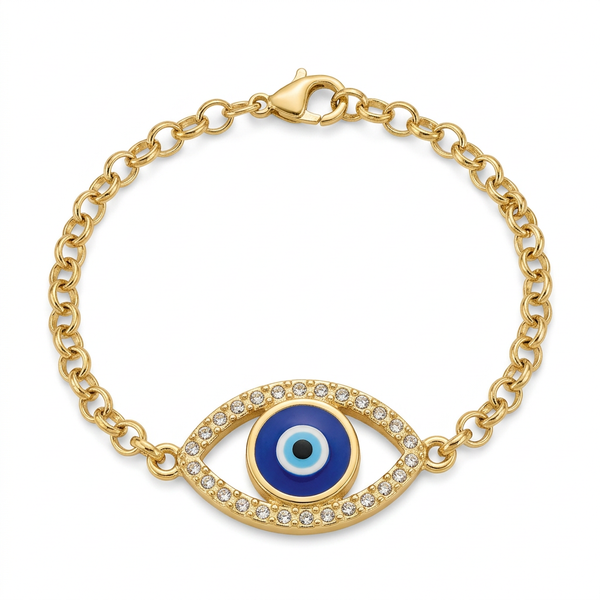 Pulseira dourada com olho grego cravejado em verniz italiano.