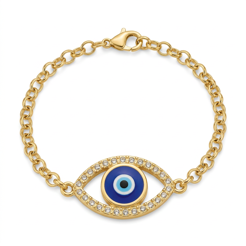Pulseira dourada com olho grego cravejado em verniz italiano.
