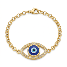 Pulseira dourada com olho grego cravejado em verniz italiano.