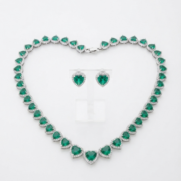 Conjunto colar pulseira e brinco cravejado verde folheado a prata