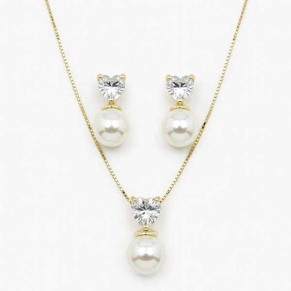 Kit Coração Cristal Pérola Folheado Ouro 18k