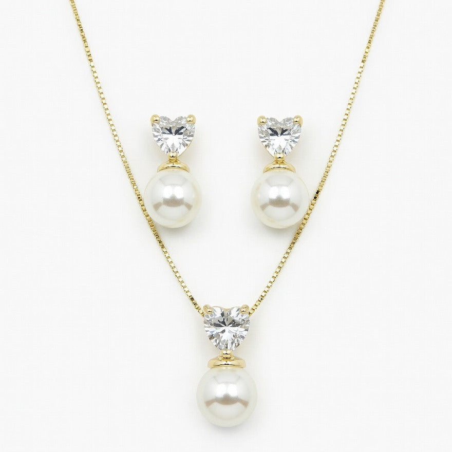 Kit Coração Cristal Pérola Folheado Ouro 18k