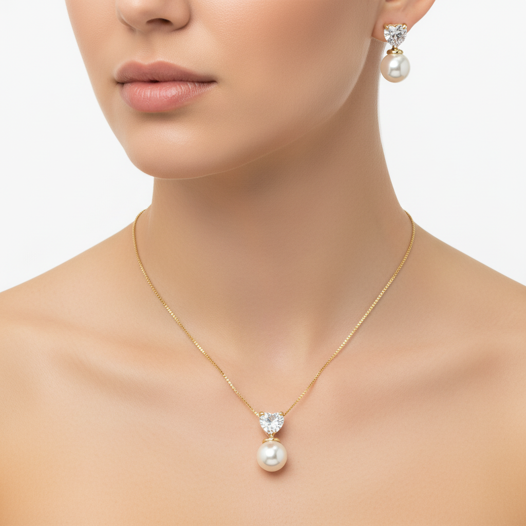 Conjunto colar e brinco Coração Cristal Pérola dourado semijoia
