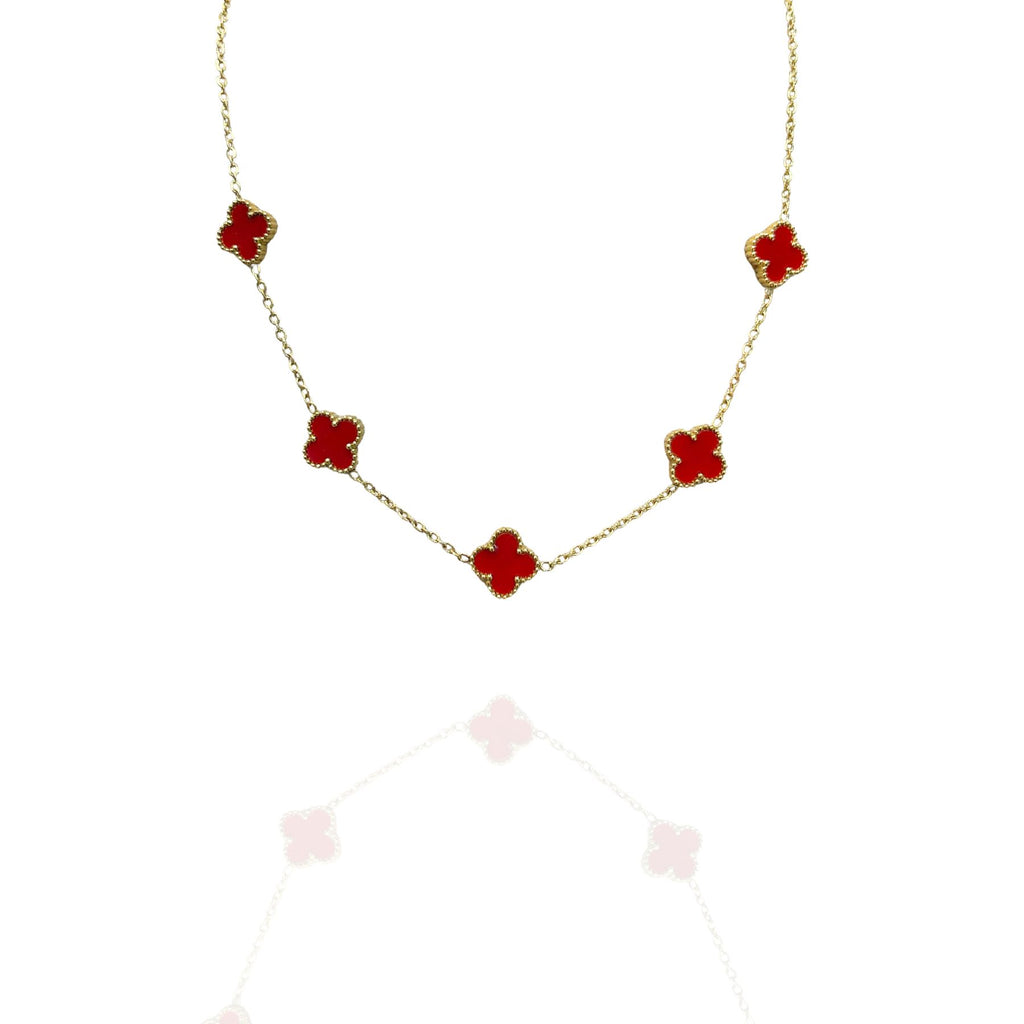 Colar Trevo 5 Folhas Vermelho Dourado Aço Inox Antialérgico