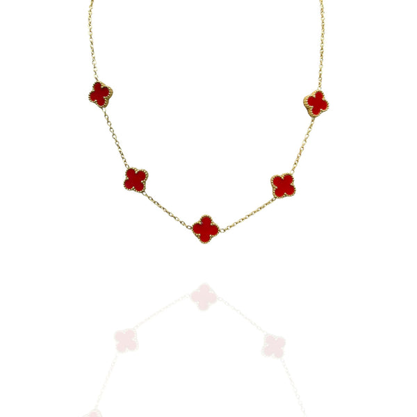 Colar Trevo 5 folhas vermelho com Dourado - Aço Inox