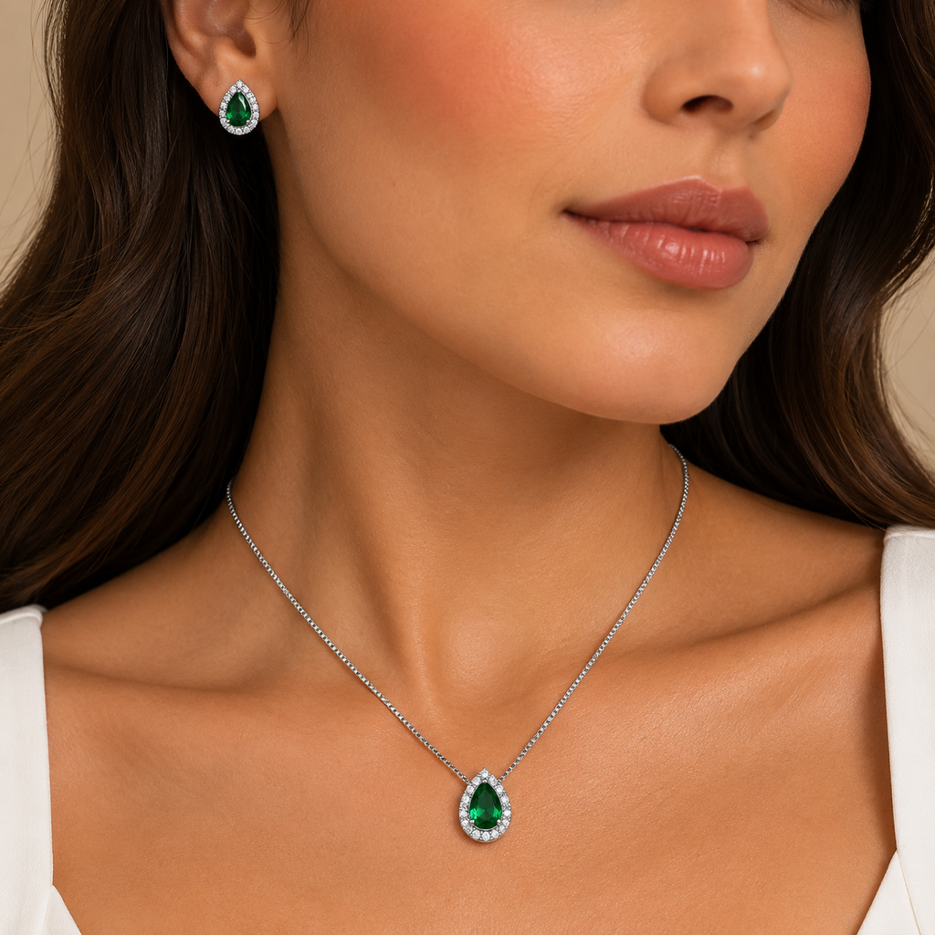 Conjunto Gota Esmeralda Prateado