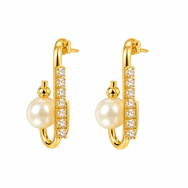 Brinco Argola Folheado a Ouro com Pérola e Zircônias