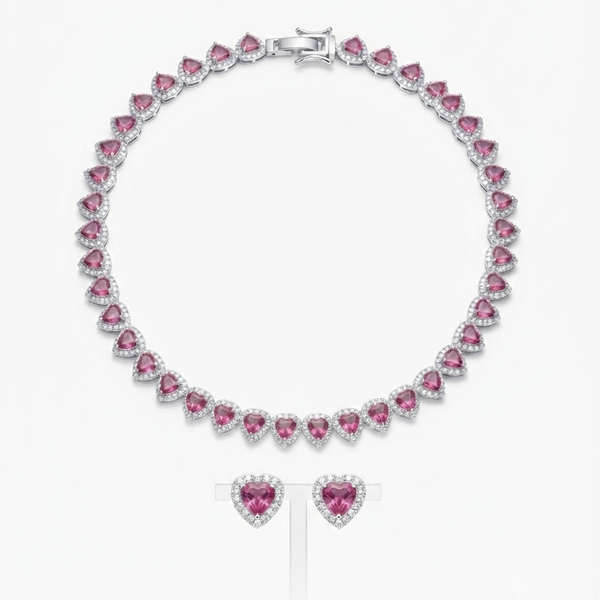 Conjunto colar pulseira e brinco cravejado rosa folheado a prata
